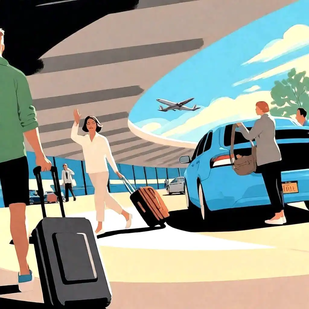 Illustration of travellers meeting a car at an airport